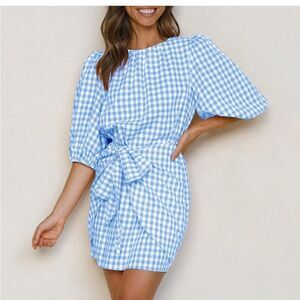 Boutique Plaid Lantern Sleeve Wrap Tie Waist Short Mini Dress Blue Sz M NWT